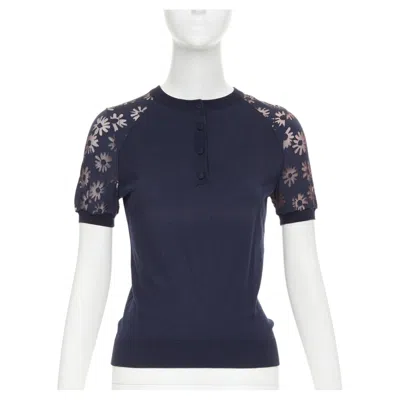 Pre-owned Nina Ricci Navy Viscose Cotton Sheer Floral Sleeve Henley Pullover Sweater S In Blue