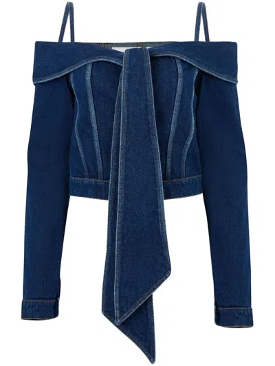 Nina Ricci Off-shoulder Denim Jacket In Blue