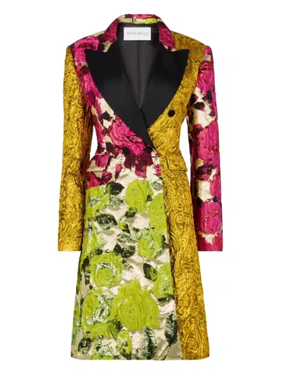 Nina Ricci Doppelreihiger Mantel Aus Patchwork-jacquard In Yellow