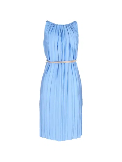 Pre-owned Nina Ricci Pleated Belted Dress In Blue