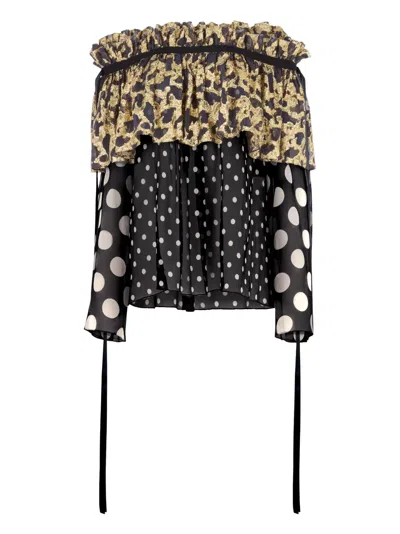 Nina Ricci Polka Dot-pattern Ruffled Satin Blouse In Black