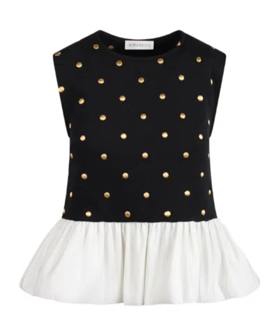 Nina Ricci Polka Dot Peplum Top In Black