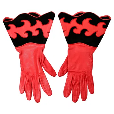 Pre-owned Nina Ricci Red Leather & Black Suede Flame Gauntlet Gloves Circa 1980s