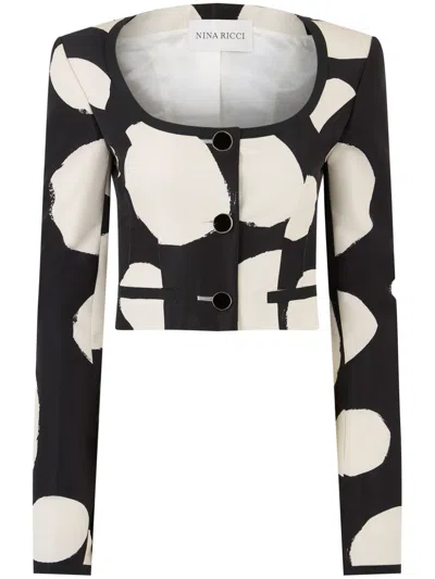 Nina Ricci Round-neck Patterned Crop Jacket In Black