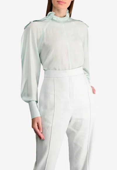 Nina Ricci Ruffle Collar Silk Top With Bubble Sleeve In Green