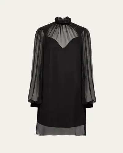 Nina Ricci Ruffle-neck Sheer Silk Mini Dress In Black