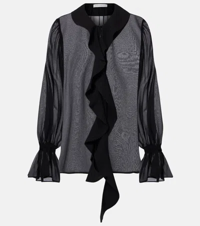Nina Ricci Ruffled Sheer Silk Blouse In Black
