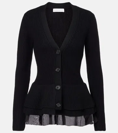 NINA RICCI RUFFLED SILK-TRIMMED WOOL CARDIGAN