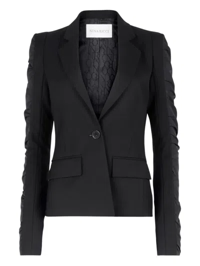 Nina Ricci Blazer Jacket Front Pockets Ruched Sleeves In Black