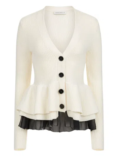 Nina Ricci V-neck Layered Mix Ruffled Wool Knit Cardigan In Cream In White