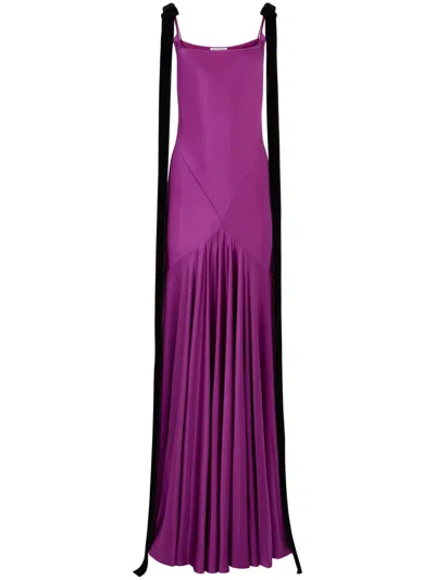 Nina Ricci Tie-detailed Velvet-trimmed Paneled Satin Maxi Dress In Purple