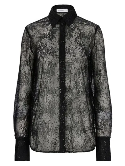 Nina Ricci See-through Sequins Shirt With Bell Cuffs In Black