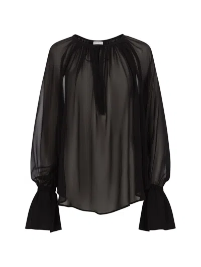 Nina Ricci Sheer Black Blouse With Voluminous Sleeves And Tie Detail