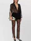 Nina Ricci Sheer Lace Deep V-neck Long Sleeve Top In Black