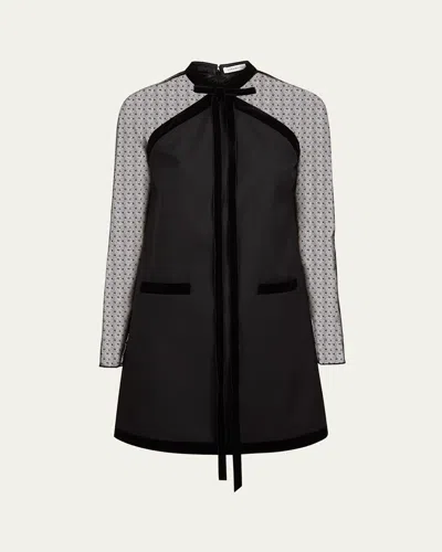 Nina Ricci Bow-detailed Velvet-trimmed Polka-dot Tulle And Wool-gabardine Mini Dress In Black