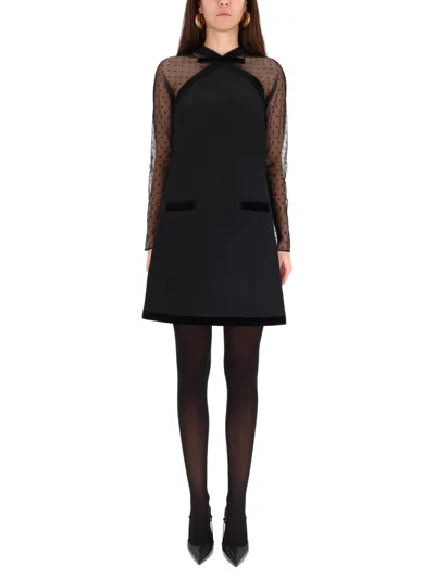Nina Ricci Bow-detailed Velvet-trimmed Polka-dot Tulle And Wool-gabardine Mini Dress In Black