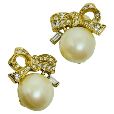 Pre-owned Nina Ricci Signed Vintage Gold Tone Pearl Rhinestone Bow Designer Clip Earrings In Multi
