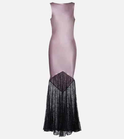 Nina Ricci Purple Satin-draped Evening Dress With Black Lace Overlay In Multi