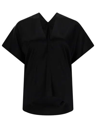Nina Ricci Silk Blend V-neck Short Sleeve Blouse In Black
