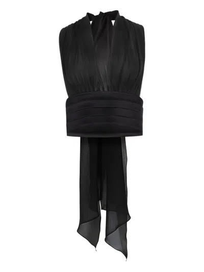 Nina Ricci Silk V-neck Halterneck Top With Bow Detail In Black