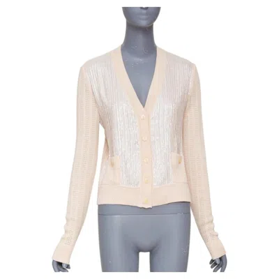 Pre-owned Nina Ricci Silver Metallic Foil Panel Beige Cashmere Silk Cardigan Sweater It40 In Brown