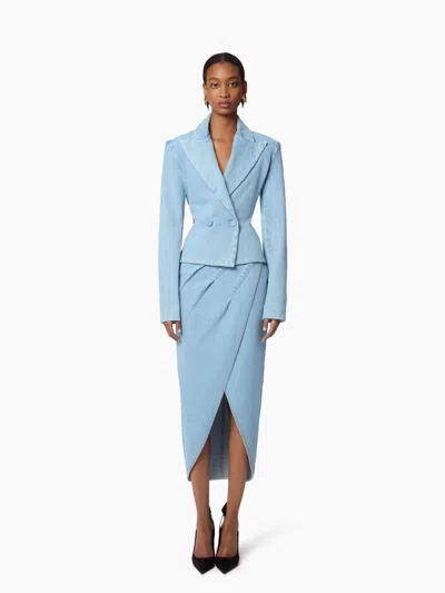 Nina Ricci Slit Draped Midi Skirt In Denim In Blue
