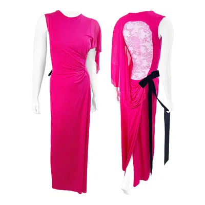 Pre-owned Nina Ricci Spring 2013 Hot Pink Gown Lace Back Velvet Bow Dress Size 34 2 / 4