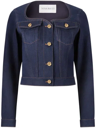 Nina Ricci Cropped Topstitched Denim Jacket In Blue