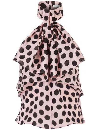 Nina Ricci Sleeved Polka Dot Halterneck Top With Bow In Dots/blush