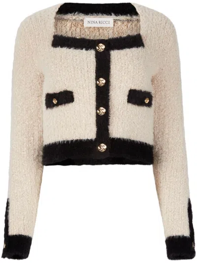 Nina Ricci Square Neck Tweed Cardigan In Beige