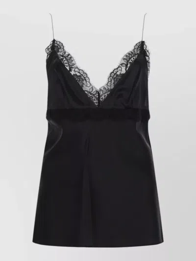 Nina Ricci V Neck Top Spaghetti Straps Satin Lace In Black