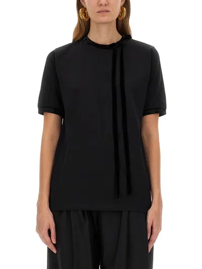 Nina Ricci Velvet-trimmed Bow T-shirt In Black
