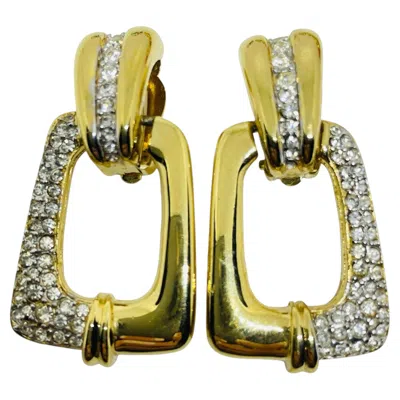 Pre-owned Nina Ricci Vintage Gold Tone Rhinestones Door Knocker Designer Clip On Earrings In Multi