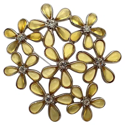 Pre-owned Nina Ricci Vintage Jewelled Floral Brooch With Yellow Resin Petals And Crystals