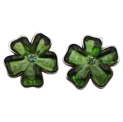 Pre-owned Nina Ricci Vintage Jewelled Green Resin Flower Clip-on Earrings