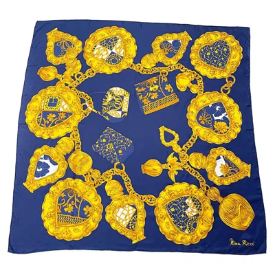Pre-owned Nina Ricci Vintage  Charm Bracelet Navy Blue + Gold Large Silk Scarf 34 X 34