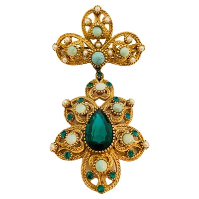 Pre-owned Nina Ricci Vintage  Gold Faux Emerald Pearl Turquoise Dangle Designer Brooch In Green