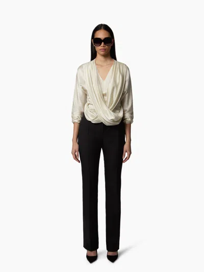 Nina Ricci White Draped V-neck Satin Blouse