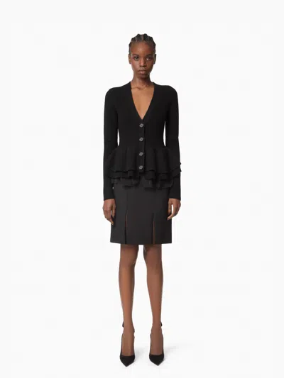 Nina Ricci Wool Cardigan With Ruffled Peplum Xl In Black
