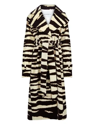 Nina Ricci Zebra-print Belted Coat In Black
