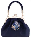 Nina Vintage Style Crystal Ornament Frame Clutch In Blue
