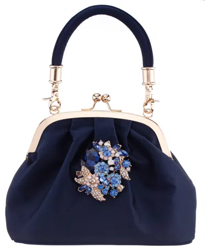 Nina Vintage Style Crystal Ornament Frame Clutch In Blue