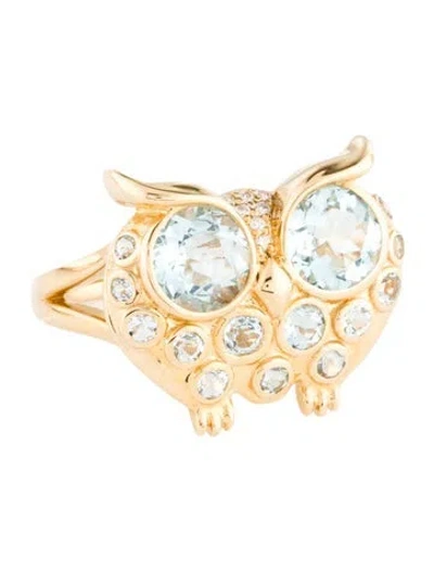 Pre-owned Nina Zhou 14k 2.10ctw Aquamarine & Diamond Owl Cocktail Ring In Multi