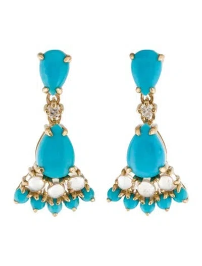 Pre-owned Nina Zhou 14k 2.80ctw Turquoise, Moonstone & Diamond Drop Earrings In Multi