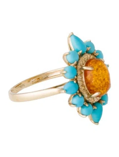 Pre-owned Nina Zhou 14k Amber, Turquoise & Sapphire Cocktail Ring In Multi