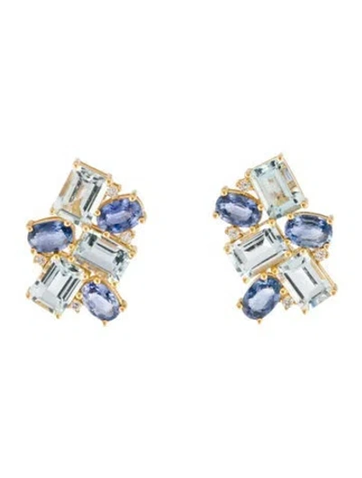 Pre-owned Nina Zhou 14k Aquamarine & Sapphire Cluster Earrings In Multi