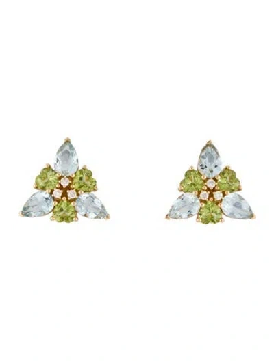 Pre-owned Nina Zhou 14k Aquamarine, Peridot & Diamond Stud Earrings In Multi