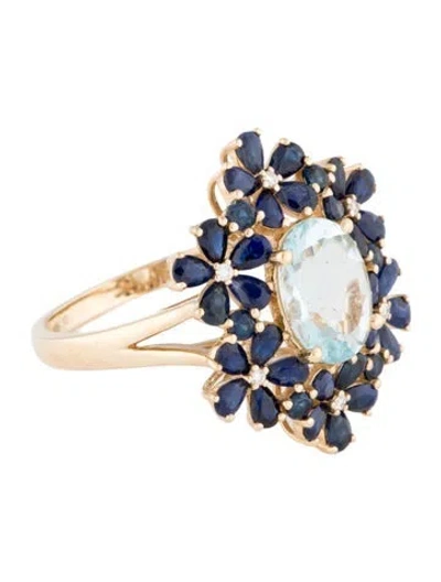 Pre-owned Nina Zhou 14k Aquamarine, Sapphire & Diamond Blossom Cocktail Ring In Multi