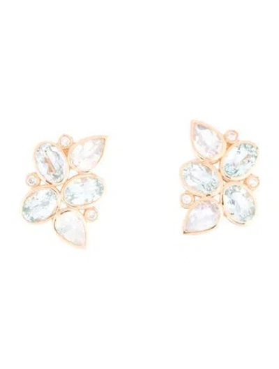 Pre-owned Nina Zhou 14k Elizabeth 2.70ctw Aquamarine, Moonstone & Diamond Cluster Stud Earrings In Multi