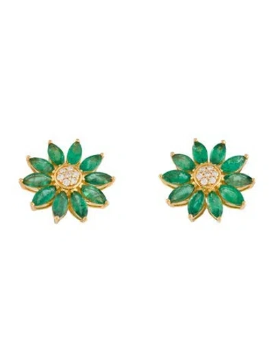 Pre-owned Nina Zhou 14k Emerald & Diamond Sunflower Stud Earrings In Multi